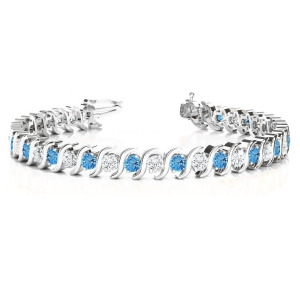 Blue Topaz and Diamond Tennis S Link Bracelet 18k White Gold 6.00ct - All
