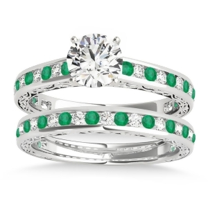 Emerald and Diamond Twisted Bridal Set 14k White Gold 0.87ct - All