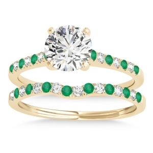 Diamond and Emerald Single Row Bridal Set 14k Yellow Gold 0.22ct - All