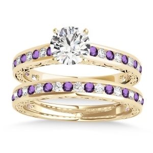 Amethyst and Diamond Twisted Bridal Set 14k Yellow Gold 0.87ct - All