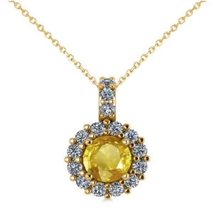 Round Yellow Sapphire and Diamond Halo Pendant Necklace 14k Yellow Gold 0.90ct - All