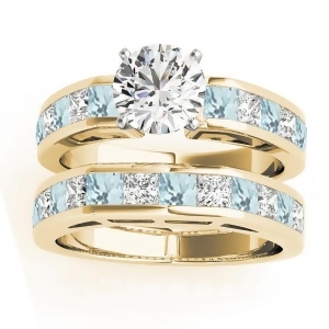 Diamond and Aquamarine Accented Bridal Set 14k Yellow Gold 2.20ct - All