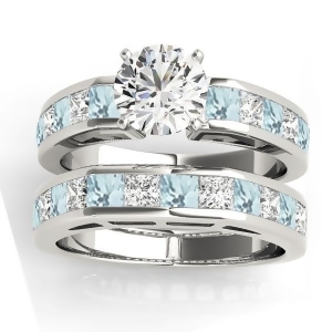 Diamond and Aquamarine Accented Bridal Set 18k White Gold 2.20ct - All