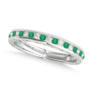 Diamond and Emerald Channel Set Wedding Band 14k White Gold 0.45ct - All