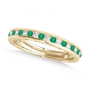 Diamond and Emerald Channel Set Wedding Band 14k Yellow Gold 0.45ct - All