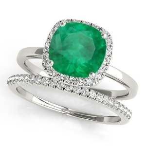 Cushion Emerald and Diamond Halo Bridal Set 14k White Gold 1.14ct - All
