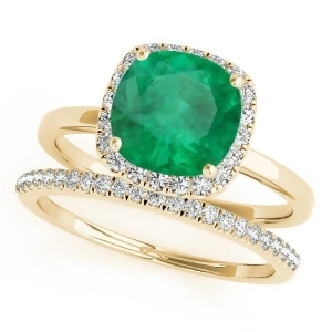 Cushion Emerald and Diamond Halo Bridal Set 14k Yellow Gold 1.14ct - All