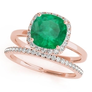 Cushion Emerald and Diamond Halo Bridal Set 14k Rose Gold 1.14ct - All