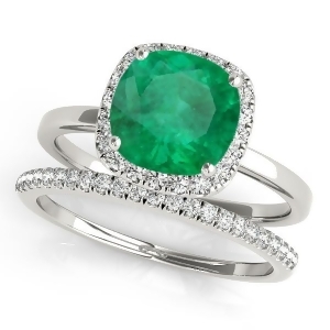 Cushion Emerald and Diamond Halo Bridal Set 18k White Gold 1.14ct - All