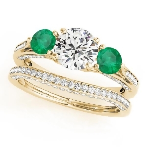 Three Stone Round Emerald Bridal Set 14k Yellow Gold 1.92ct - All