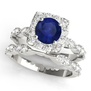 Diamond and Blue Sapphire Square Halo Bridal Set 14k White Gold 2.14ct - All