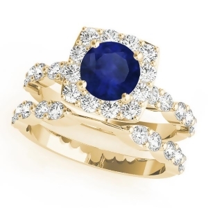 Diamond and Blue Sapphire Square Halo Bridal Set 14k Yellow Gold 2.14ct - All