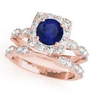 Diamond and Blue Sapphire Square Halo Bridal Set 14k Rose Gold 2.14ct - All