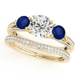 Three Stone Round Blue Sapphire Bridal Set 14k Yellow Gold 1.92ct - All