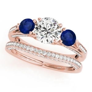Three Stone Round Blue Sapphire Bridal Set 18k Rose Gold 1.92ct - All