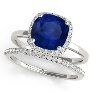 Cushion Blue Sapphire and Diamond Halo Bridal Set 14k White Gold 1.14ct - All