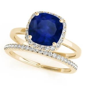 Cushion Blue Sapphire and Diamond Halo Bridal Set 14k Yellow Gold 1.14ct - All