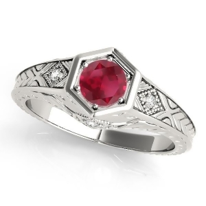 Ruby and Diamond Antique 6-Prong Engagement Ring 18k White Gold 0.37ct - All