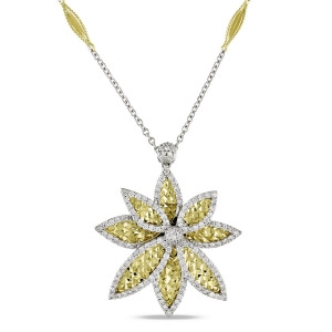 Diamond Textured Flower Pendant Necklace 18k Two Tone Gold 1.14ct - All