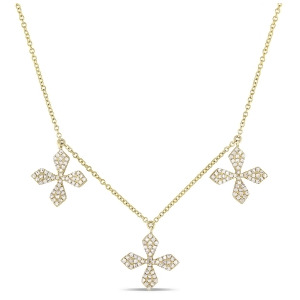 Diamond Triple Floral Cross Station Necklace 14k Yellow Gold 0.41ct - All