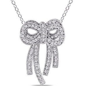 Diamond Double Bow Fashion Pendant Necklace 14k White Gold 0.44ct - All