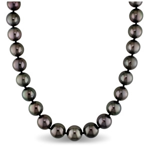 Round Black Tahitian Pearl Strand Necklace 14k White Gold 11-13mm - All