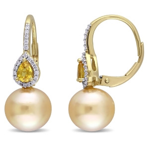 Diamond Yellow Sapphire and South Sea Pearl Earrings 14k Y Gold 9-9.5mm - All