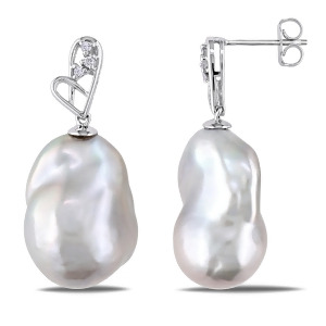 Diamond and Freshwater Pearl Baroque Earrings 14k White Gold 12-13mm - All