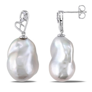Diamond and Freshwater Pearl Baroque Earrings 14k White Gold 12-13mm - All