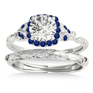 Blue Sapphire Butterfly Halo Bridal Set 14k White Gold 0.14ct - All
