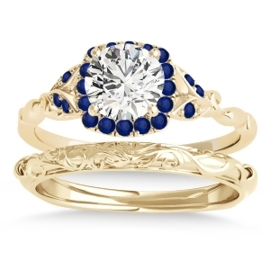 Blue Sapphire Butterfly Halo Bridal Set 18k Yellow Gold 0.14ct - All