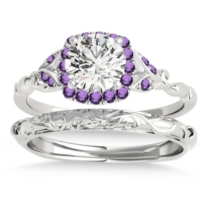 Amethyst Butterfly Halo Bridal Set 14k White Gold 0.14ct - All