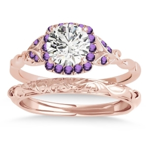 Amethyst Butterfly Halo Bridal Set 14k Rose Gold 0.14ct - All
