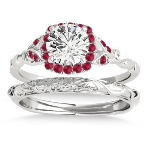Ruby Accented Butterfly Halo Bridal Set 14k White Gold 0.14ct - All