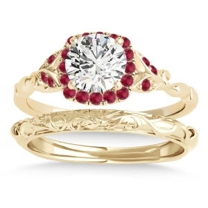 Ruby Accented Butterfly Halo Bridal Set 14k Yellow Gold 0.14ct - All