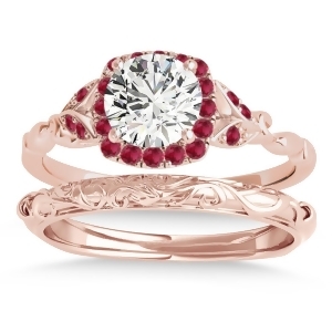 Ruby Accented Butterfly Halo Bridal Set 14k Rose Gold 0.14ct - All