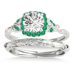 Emerald Butterfly Halo Bridal Set 14k White Gold 0.14ct - All