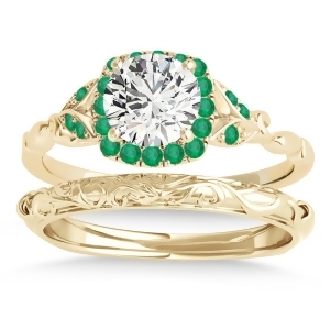 Emerald Butterfly Halo Bridal Set 14k Yellow Gold 0.14ct - All