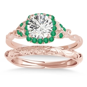 Emerald Butterfly Halo Bridal Set 14k Rose Gold 0.14ct - All