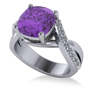 Twisted Cushion Amethyst Engagement Ring 14k White Gold 4.16ct - All