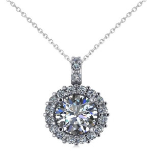 Round Diamond Halo Pendant Necklace 14k White Gold 1.88ct - All