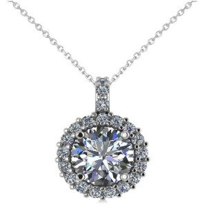 Round Diamond Halo Pendant Necklace 14k White Gold 2.40ct - All