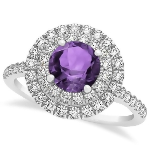 Double Halo Round Amethyst Engagement Ring 14k White Gold 1.42ct - All
