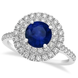 Double Halo Round Blue Sapphire Engagement Ring 14k White Gold 1.42ct - All