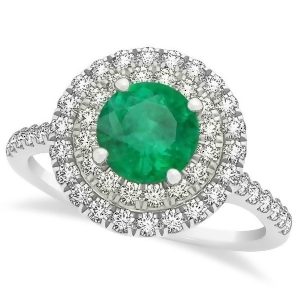 Double Halo Round Emerald Engagement Ring 14k White Gold 1.42ct - All