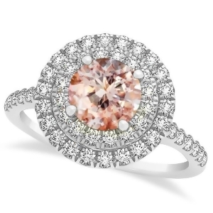 Double Halo Round Morganite Engagement Ring 14k White Gold 1.42ct - All