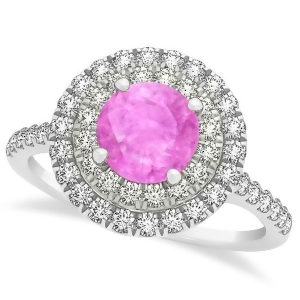 Double Halo Round Pink Sapphire Engagement Ring 14k White Gold 1.42ct - All