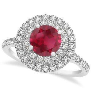Double Halo Round Ruby Engagement Ring 14k White Gold 1.42ct - All