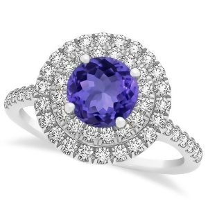 Double Halo Round Tanzanite Engagement Ring 14k White Gold 1.42ct - All