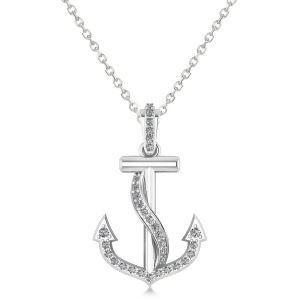 Diamond Ribbon Anchor Pendant Necklace 14K White Gold 0.35ct - All